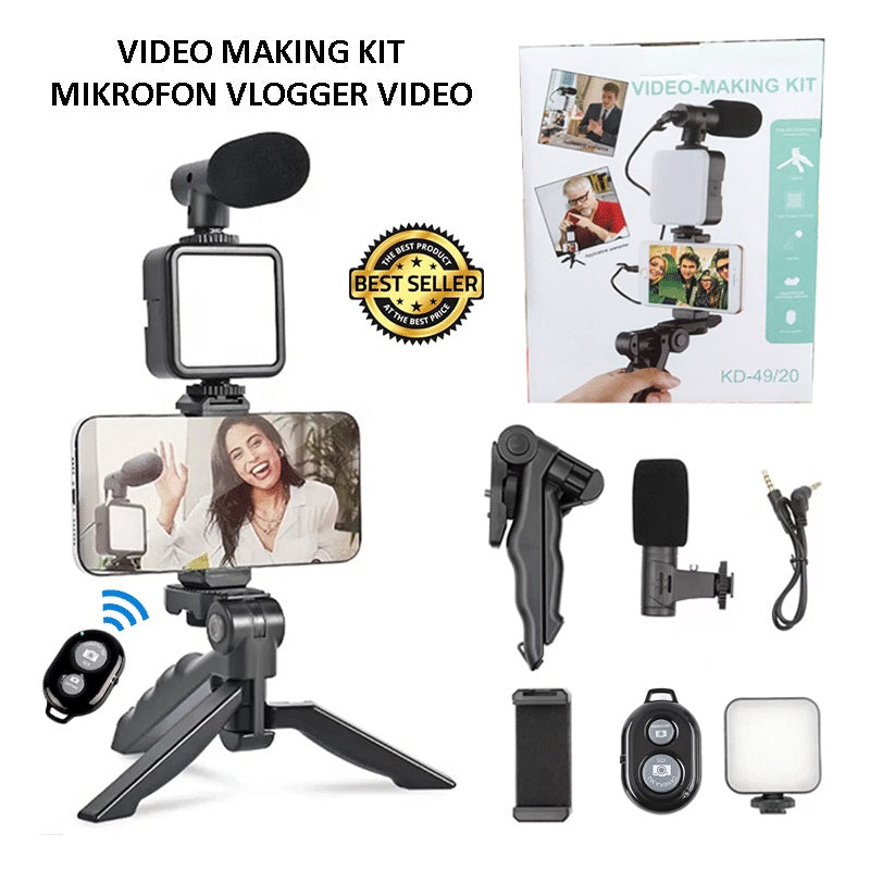PAKET MICROPHONE VLOGGING KIT 5IN1 / VIDEO MAKING KIT / TRIPOD MIC LAMPU HOLDER REMOTE