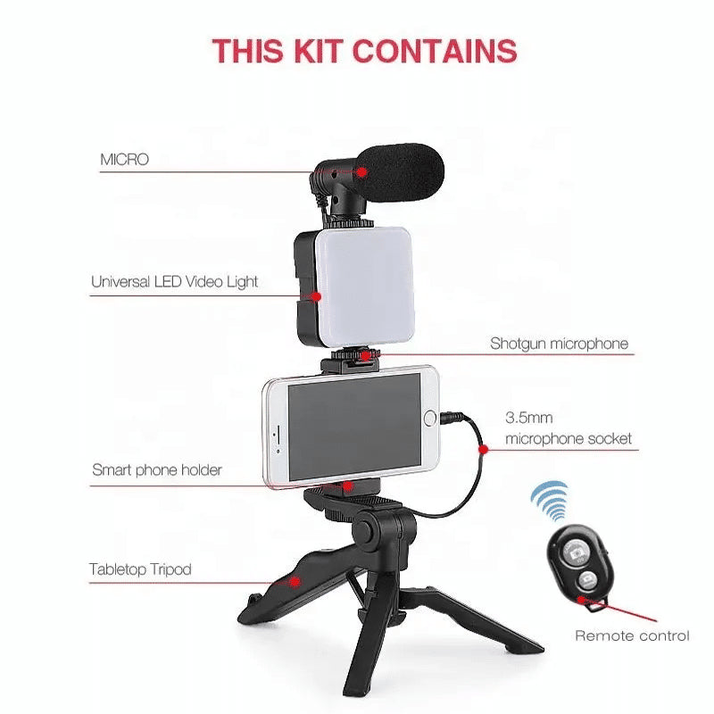 PAKET MICROPHONE VLOGGING KIT 5IN1 / VIDEO MAKING KIT / TRIPOD MIC LAMPU HOLDER REMOTE