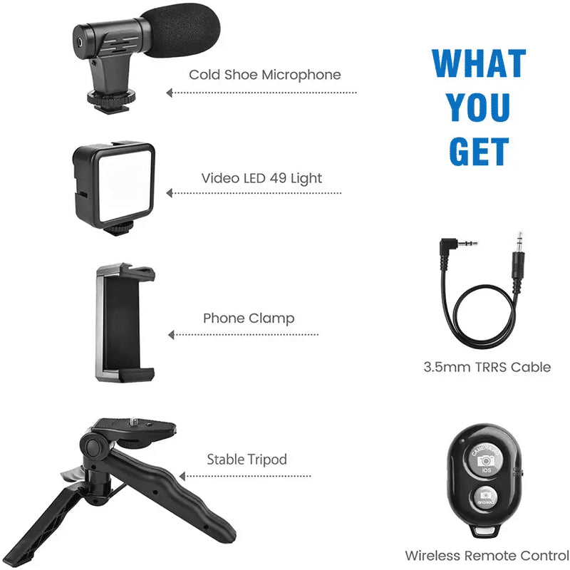 PAKET MICROPHONE VLOGGING KIT 5IN1 / VIDEO MAKING KIT / TRIPOD MIC LAMPU HOLDER REMOTE